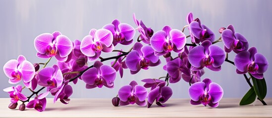 A collection of lovely purple flowers beautifully arranged on a table against a simple gray background