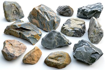 Various types of stones, rocks, and stone varieties isolated on a white background.
