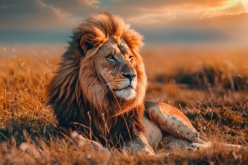 A majestic lion resting in the savannah.