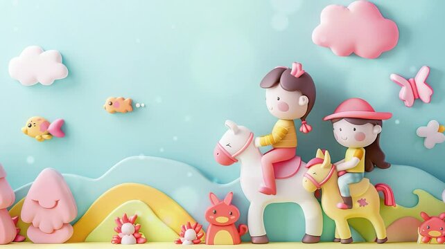 Children Riding Unicorn Horse on Wonderland Concept for Children's Day 4K video
