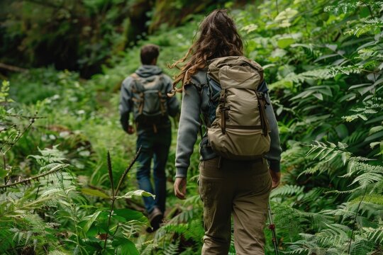 A woman and a man with a backpack hikes through a lush green forest.