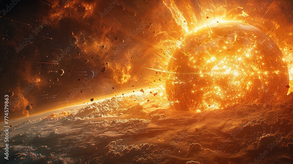 Poster a view of a supernova explosion with its bright light and shockwave visible. supernova destroying pl