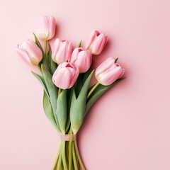 Fototapeta premium Bouquet of spring flowers pink tulips on light pink background