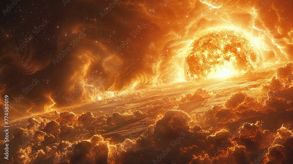 Poster a view of a supernova explosion with its bright light and shockwave visible. supernova destroying pl