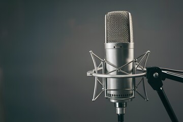Microphone equipment on gray background, close up studio shot