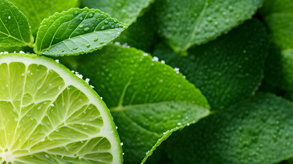 Closeup of a fresh dew covered lime slice and mint leaves with blurred green background
