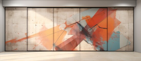 Vibrant abstract artwork featuring a large design in shades of orange and blue on a wall