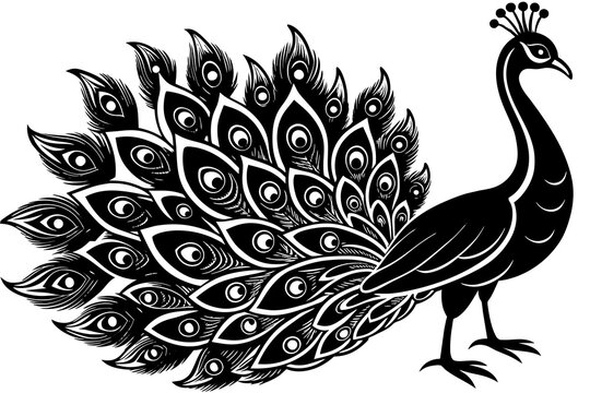 black and white peacock with spread feathers clip art preview