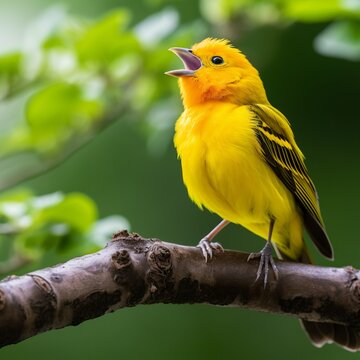 illustration of a yellow bird sitting on top of a tree branch by Cha, Generative ai