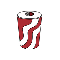 A red and white striped can of soda. The can is empty and has a white lid. The image is a cartoon drawing of the can