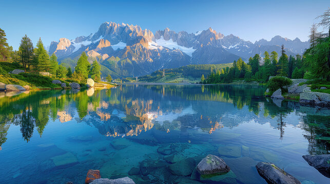 Lake in the mountains, Beautiful landscape. Created with Ai
