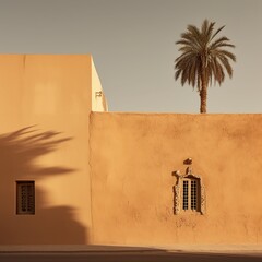 illustration of Adobe walls saudi arabia Riyadh golden hour palm tree, Generative ai
