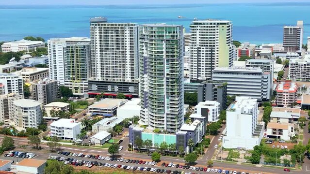 Aerial Drone of City with Ocean View Apartment Buildings Along Coastline of Darwin NT Australia