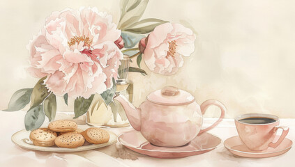 Fototapeta na wymiar Tea set with teapot, cup and cookies on the table in the style of watercolor