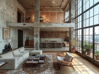 Minimalist urban loft with exposed brick and large