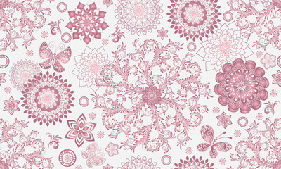 Vector hand drawn seamless white pattern with pink gradient  floral mandalas and flowers and butterflies