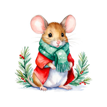 A mouse wearing a christmas themed muffler scarf, watercolor illustration, cute, adorable humanoid animal, funny, holiday, clipart, for wall art prints, t-shirt designs