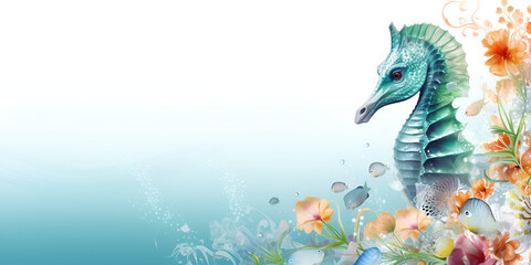 Seahorse Graceful Dive into the Whimsical Realms of Oceanic Elegance with watery background
