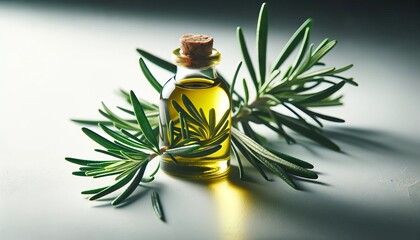 A macro shot of a sprig of rosemary with a small glass bottle of olive oil on a white surface.