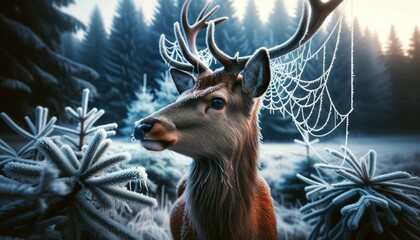 A medium shot of a pensive deer in a snowy landscape, its antlers tangled with a delicate, frost-covered spider web.
