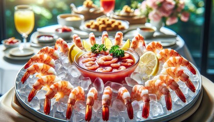 A close-up image showcasing a selection of chilled seafood on ice, focusing on shrimp cocktail with vibrant pink shrimp arranged in a circle .