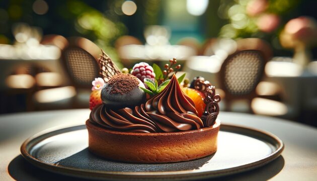 A close-up shot of a single decadent dessert, such as a chocolate tart or a petit four, with the intricate details and textures of the dessert.