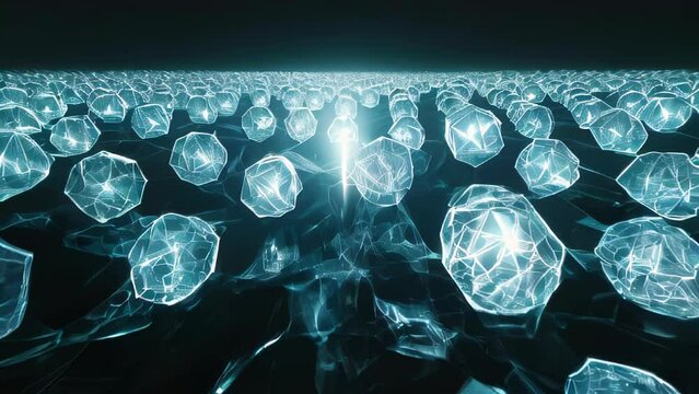 Countless ice crystals float in a pitch-black space, emitting a pale blue glow. 