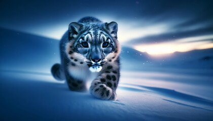 A snow leopard moving silently through a snowy landscape at twilight, its fur catching the blue hues of the dusk light.