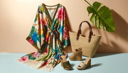 An image in a 16_9 ratio displaying a tropical resort wear collection.