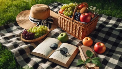 An image in a 16_9 ratio featuring a summer picnic setup with a checkered blanket laid out on grass, a wicker picnic basket. - obrazy, fototapety, plakaty