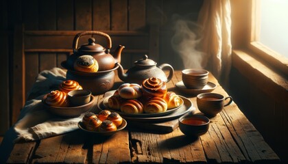 A rustic wooden table set with a teapot, steaming cups, and a plate of various pastries similar to the one in the image, with a warm morning light.