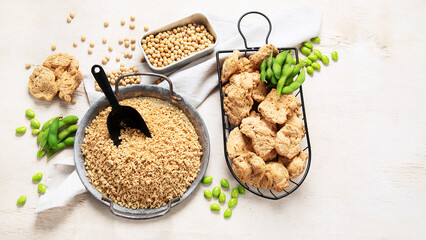 Vegan healthy food. Soy meat with beans on white background
