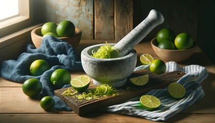 A lime-themed kitchen scene with a mortar and pestle grinding lime zest, accompanied by a blue kitchen towel. - obrazy, fototapety, plakaty