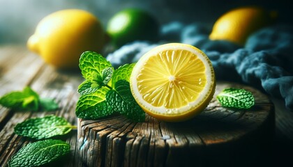 A close-up shot of a lemon, surrounded by mint leaves on a rustic wooden table. - obrazy, fototapety, plakaty