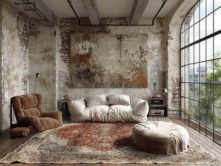 Contemporary loft bedroom with industrial accents and soft textilesHyperrealistic