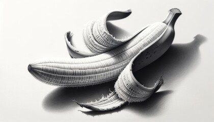 An intricately detailed pencil drawing of a peeled banana, showcasing fine textures and subtle shading that give a sense of depth and realism. - obrazy, fototapety, plakaty