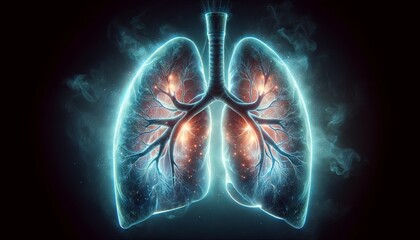 A pair of human lungs glowing from within, highlighting the bronchial tree and the alveoli, with a misty breath effect in a cool color palette. - obrazy, fototapety, plakaty