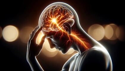 A medium shot of a person touching their temple, with the outline of the head glowing to symbolize a headache or migraine.