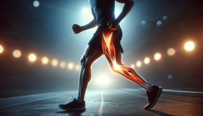 A medium shot of a runner’s silhouette with a glowing hamstring to represent a muscle strain.