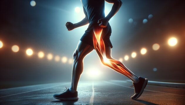 A medium shot of a runner&rsquo;s silhouette with a glowing hamstring to represent a muscle strain.
