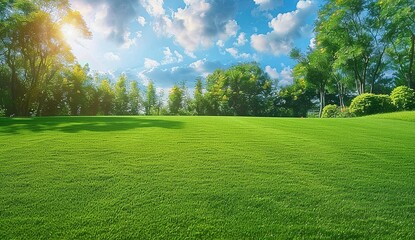 Beautiful wide-angle photo of a manicured country lawn amid trees and shrubs on a sunny summer day, showcasing the essence of spring and summer in nature. Made with generative AI technology. - obrazy, fototapety, plakaty