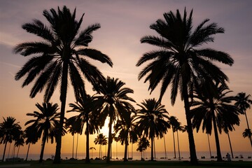 Fototapeta na wymiar Palm trees on sunset background, tropical serenity, coastal view