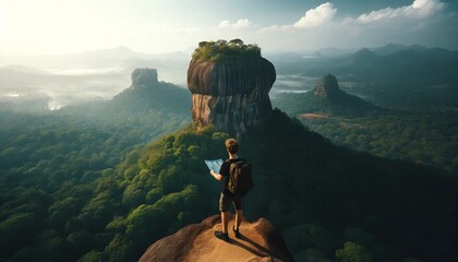 A medium shot of a traveler standing at the peak of a large, majestic rock formation, similar to Sigiriya in Sri Lanka. - obrazy, fototapety, plakaty
