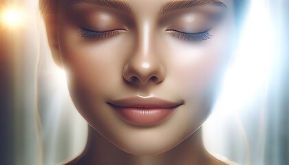 A close-up of a peaceful face with eyes closed, bathed in a soft, ethereal light suggesting inner tranquility.