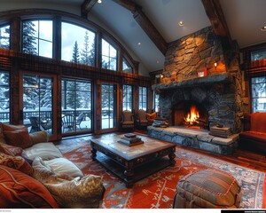 Cozy ski lodge living room with a stone fireplace and comfortable seatingup32K HD
