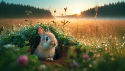 A rabbit peeking out from a burrow in a meadow during sunrise. - obrazy, fototapety, plakaty