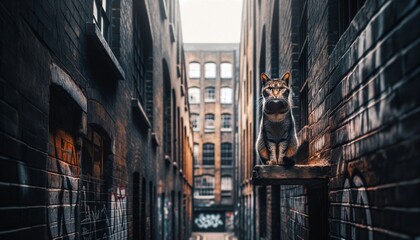 A cat staring out from the gap between two old buildings in an urban environment. - obrazy, fototapety, plakaty