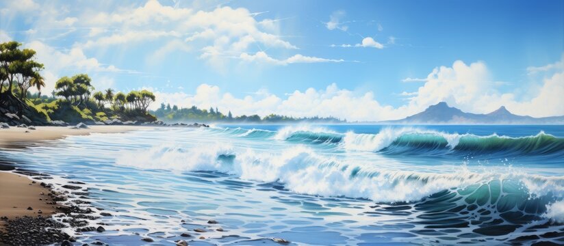 Scenic artwork capturing the beauty of a sandy beach as powerful waves roll and crash onto the shore in a mesmerizing display