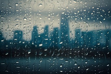 Naklejka premium Pic Raindrops on window glass with blurred city skyline, urban