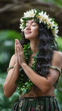 close up beautiful girl close her eyes in Hawaiian clothes dances Hula. Lei day